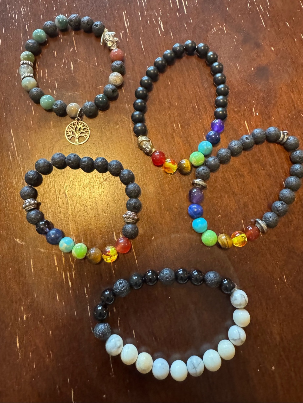 Stone Lava Semi Precious Beaded Stretch Bracelet Bundle Chakra 5 Bracelets